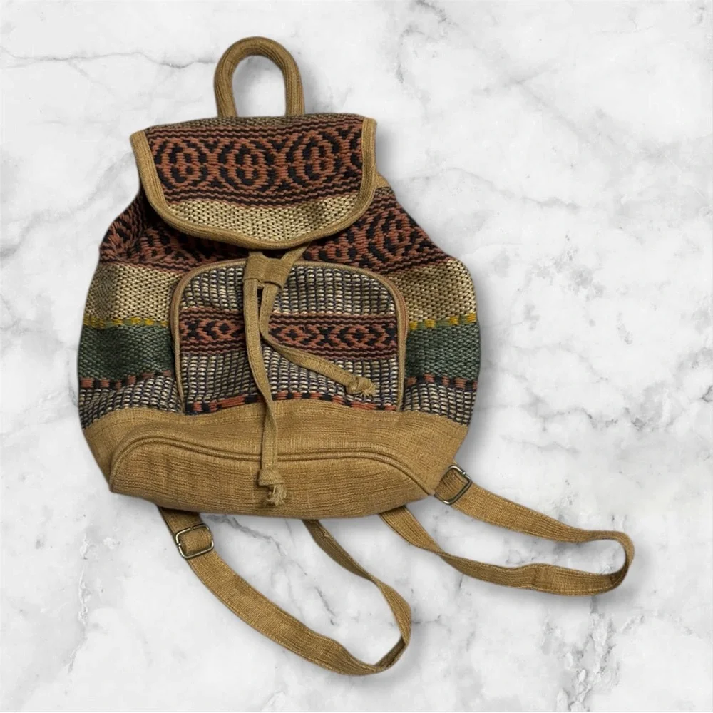 Bohemian woven printed natural Tan and Brown Backpack small